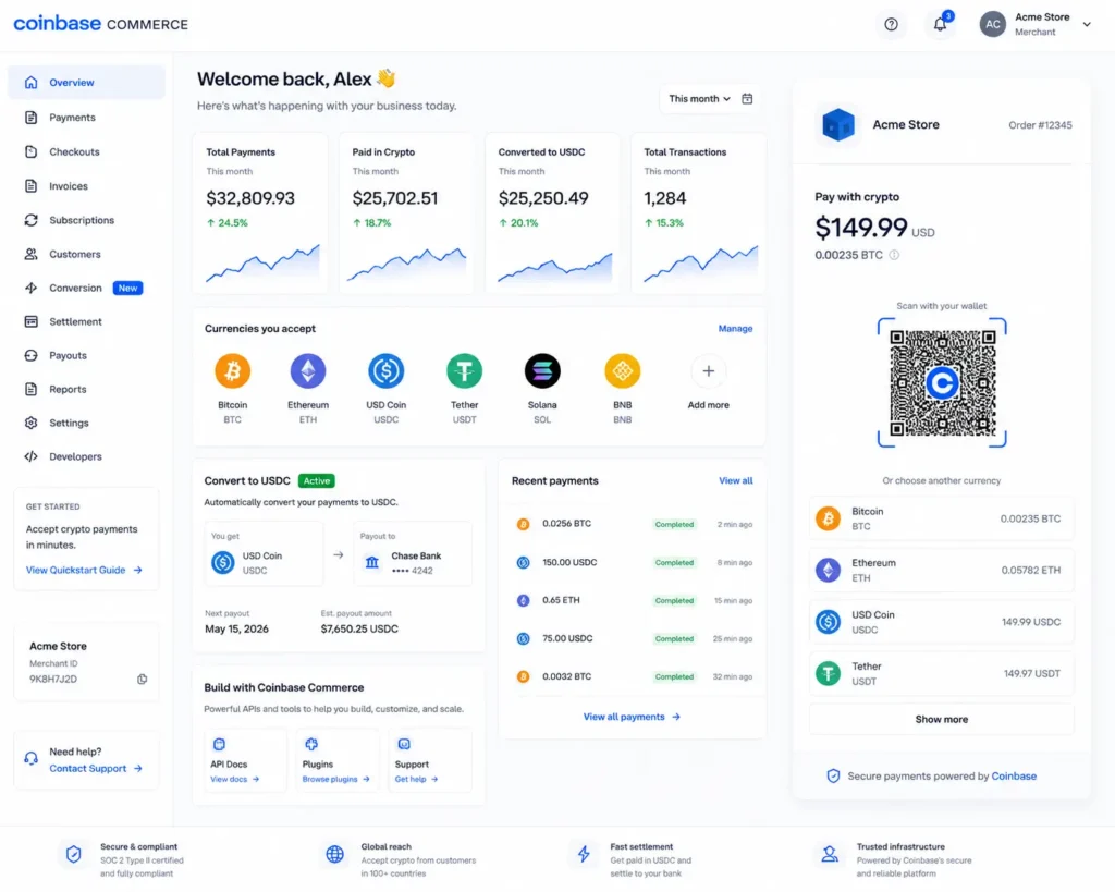 Coinbase Commerce — Best for Beginners and Trusted Brand
