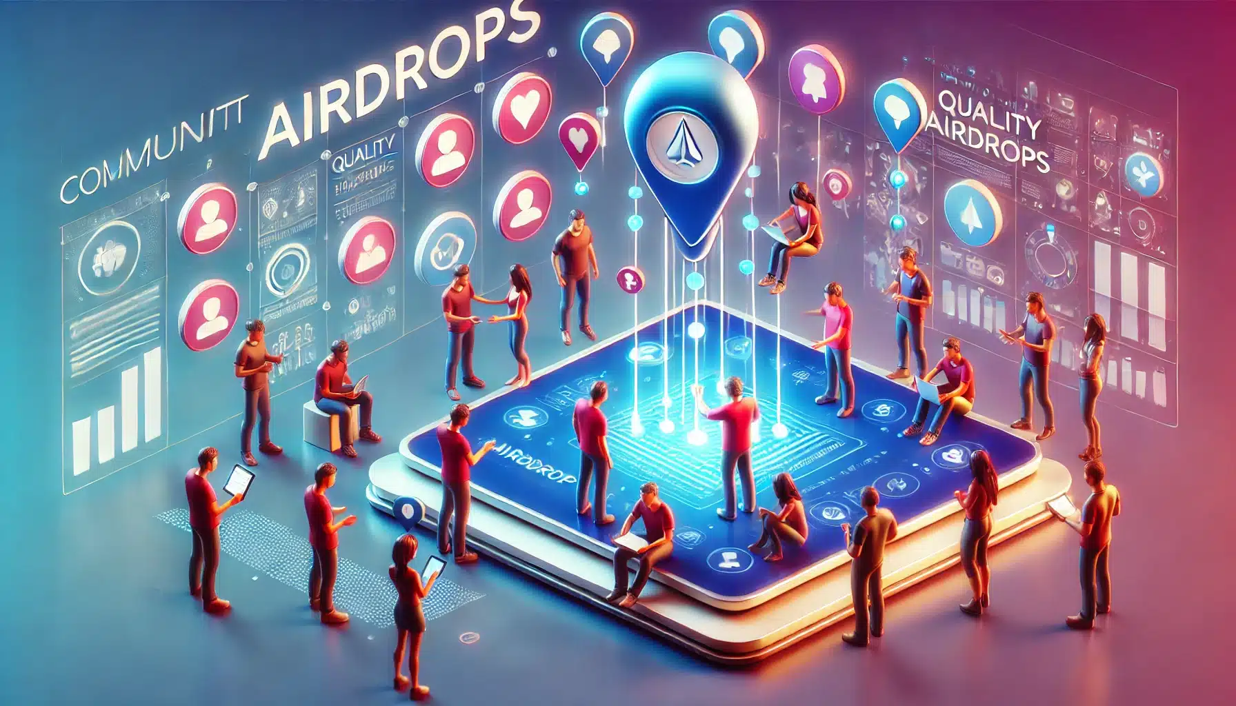 Airdrop Community Engagement: A graphic showing users interacting with a project’s platform, symbolizing the value of community involvement in identifying quality airdrops.
