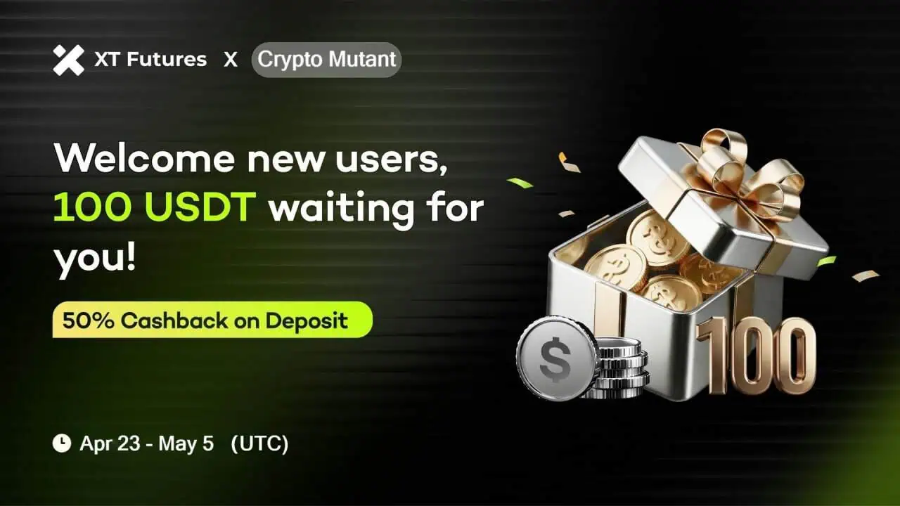 XT Trading Challenge showing USDT futures bonus rewards, deposit cashback, and crypto trading incentives for new users