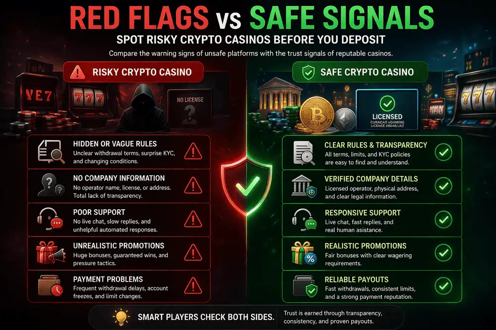 warning signs of unsafe crypto casinos including hidden withdrawal rules and lack of licensing