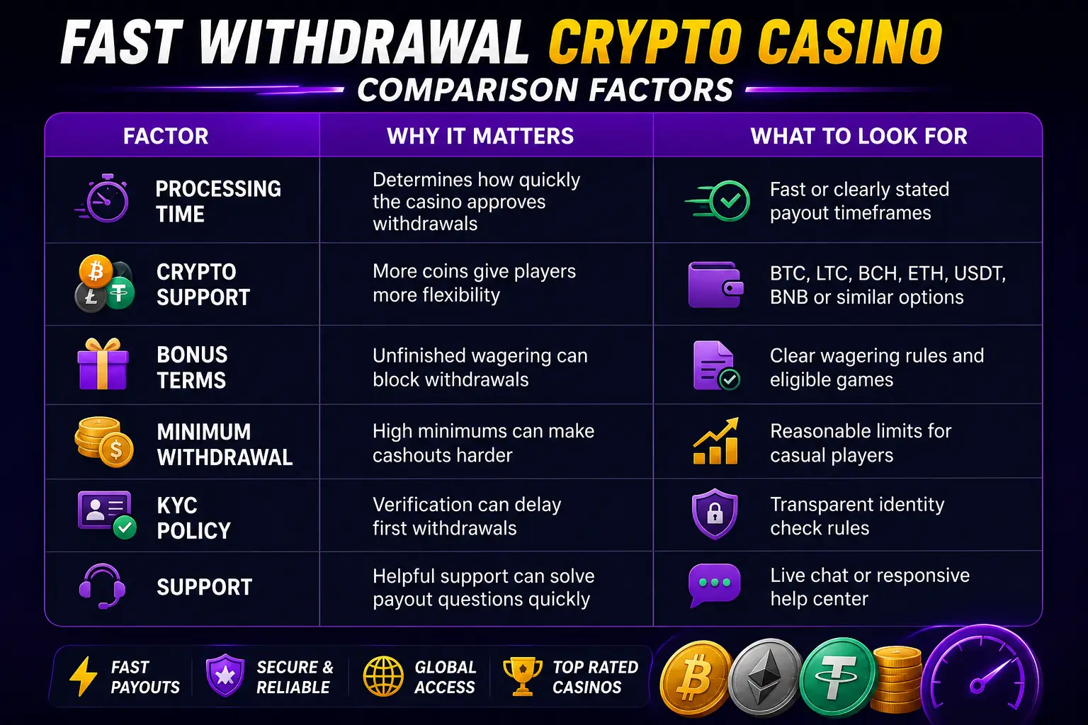 Fast withdrawal crypto casino comparison factors including payout speed, crypto support, bonus terms, and KYC policies