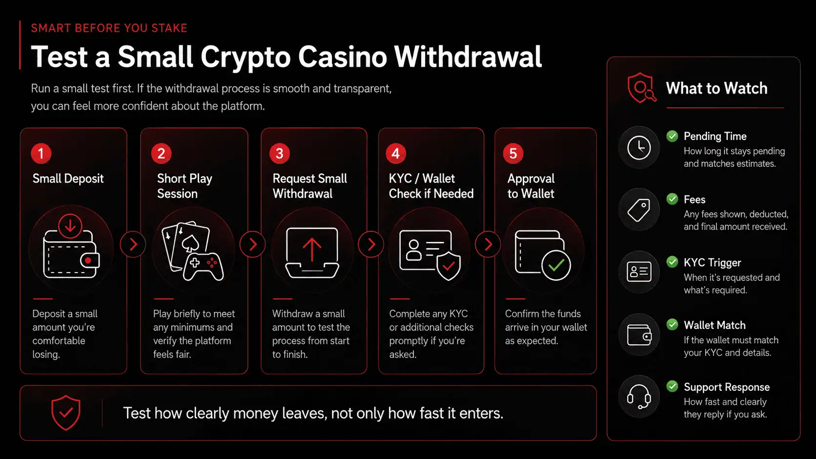 FreeCoins24 infographic showing how to test a small crypto casino withdrawal before depositing more funds.