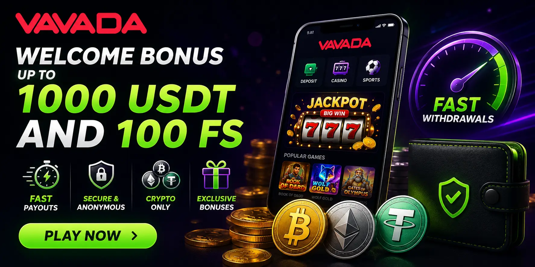 Vavada fast withdrawal crypto casino bonus banner with 1000 USDT bonus and 100 free spins