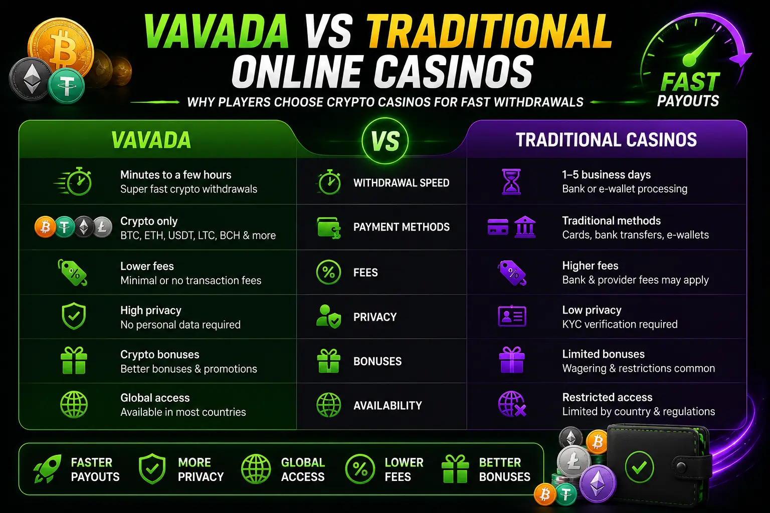 Vavada vs traditional online casinos comparison showing faster crypto withdrawals, lower fees, and better privacy