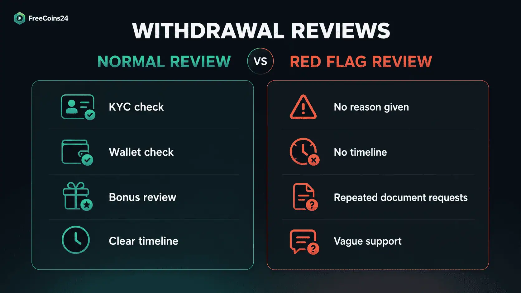 FreeCoins24 comparison graphic showing normal crypto casino withdrawal reviews versus red flags such as vague support, no timeline and repeated document requests.