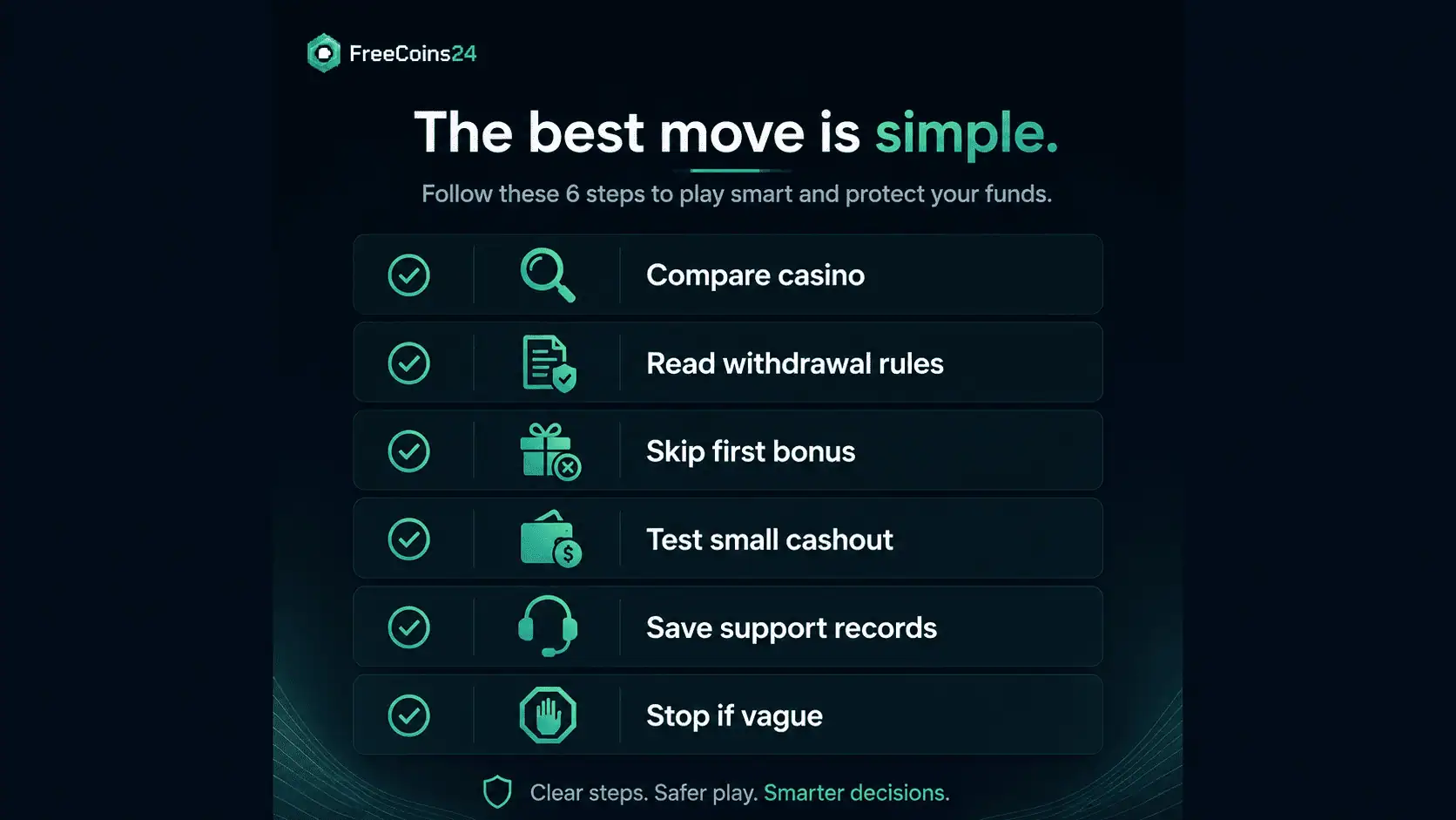 FreeCoins24 checklist showing what players should do when a crypto casino withdrawal is under review, including checking rules, testing small and saving support records.